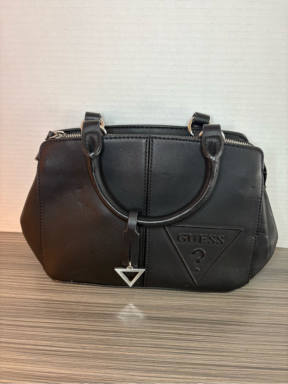 GUESS Black Satchel Handbag Embossed Logo Triangle Charm Double Handle Purse